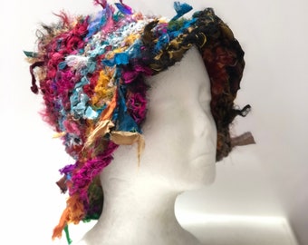 multi colored hat sari scrap hat brimmed hat crocheted hat handmade hat upcycled fabric hat "tempo”