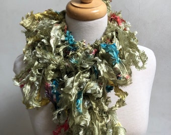 Green boa, art scarf, hand painted ribbon scarf, loopy scarf, ribbon boa, ribbon scarf, long scarf, gift for her "reverie”
