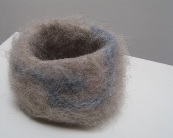 tan blue bowl, crochet tan basket, crochet felt basket, felted wool basket, felted wool bowl "runic"