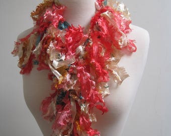 cream peach boa, peach teal boa, silky scarf, loopy scarf, ribbon boa, sexy scarf, ribbon scarf, long scarf, gift for her "fleur"