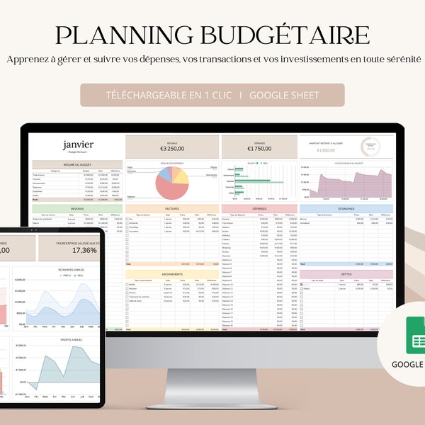 Feuille de planning budgétaire digital pour Google Sheets I Modèle de budget, suivi automatisé des finances, dépenses et de l'épargne annuel