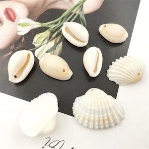 May include: A collection of eight white seashells of various shapes and sizes. The shells are smooth and have a natural, polished finish.