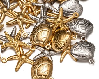 20pcs Gold Stainless Steel Starfish & Shell Charms, DIY Jewelry