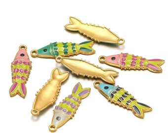 5pcs Enamel Fish Charms - Gold Stainless Steel Pendants (8x26mm)
