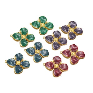 5pcs Stainless Steel Gold Plated Four Petal Flower Enamel Pendent Charms for Jewelry Making Necklace Bracelet Accessories.