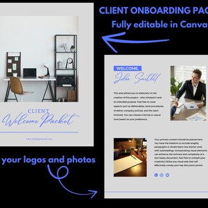 Può includere: Un modello di pacchetto di onboarding per i clienti con un messaggio di benvenuto, una foto di una persona che stringe la mano e una casella di testo per aggiungere contenuti. Il modello è completamente modificabile in Canva.