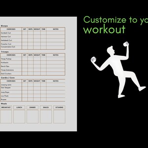 May include: A printable workout log with sections for biceps, triceps, cardio and core exercises, and meals. The log includes columns for exercises, sets, reps, weight, time, and notes.