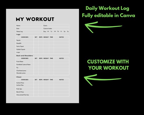 Personal Exercise Planner, Gym Log, Fitness Log, Daily Workout Log, Fitness Planner, Printable Workout Log, Printable Gym Planner, Fitness