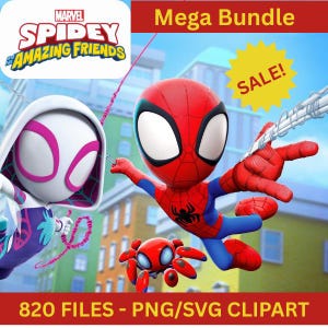 Paquete de imágenes prediseñadas de Spidey y sus increíbles amigos: 820 archivos PNG y SVG para manualidades infantiles, invitaciones y proyectos digitales.