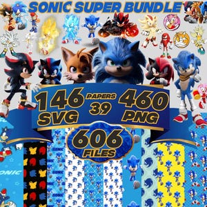 super sonic Hedgehog bundle 460 Png & 146 Svg, Sonic and shadow font and All Characters, Fonts, papers, stickers, birthday Digital Download.