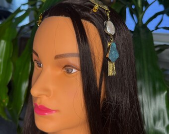 Lab Grown Blue Agate & Freshwater Pearl Hair Chains