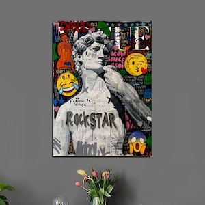 David Statue Pop Art Oil Painting, Michelangelo %100 Hand Painted Modern Art, Original Renaissance Canvas Painting