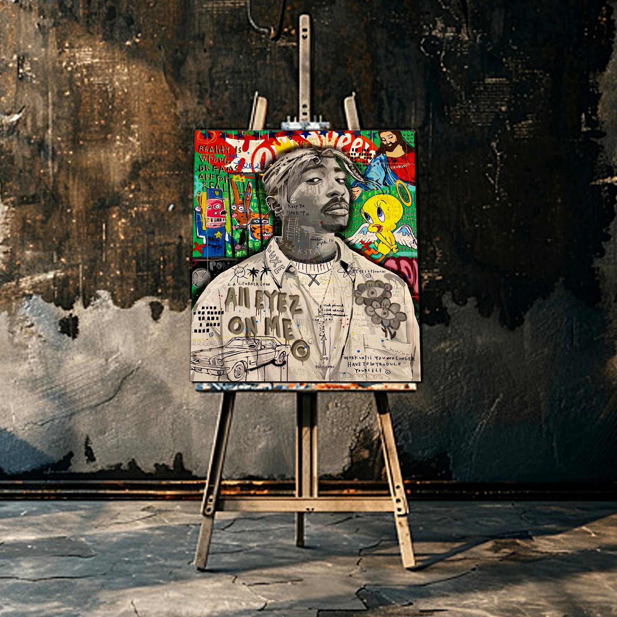 Tupac Shakur Pop Art Oil Painting, 2Pac %100 Hand Painted Modern Art, Original Thug Life Canvas Painting