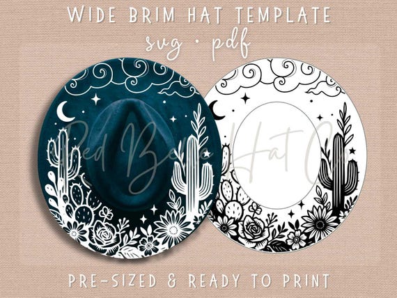 Wide Brim Hat Template: Desert Cactus Stencil, Wood Burning, Laser Engraving (SVG, PDF)