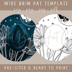 May include: A printable template for a wide brim hat featuring a floral and moon design. The template is shown in two versions: one with a teal background and white flowers and one with a white background and black flowers.