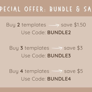 May include: A tan graphic with the text "SPECIAL OFFER: BUNDLE & SAVE!". It lists bundle deals: Buy 2 templates, save $1.50, use code BUNDLE2; Buy 3 templates, save $3, use code BUNDLE3; Buy 4 templates, save $5, use code BUNDLE4.