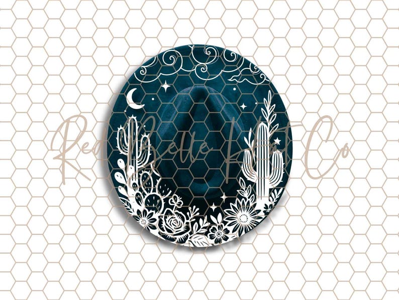 May include: A round, dark teal design featuring a cowboy hat silhouette. White floral and cactus illustrations frame the hat, with a crescent moon and stars at the top. The words "Belle & Co" are written across the hat.