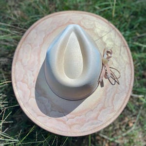 White & Gold Clouds Wide Brim Hat, Western Boho Rancher, Custom Cowgirl Fedora, Fall Concert Festival Outfit, Bridal Wedding Photo accessory