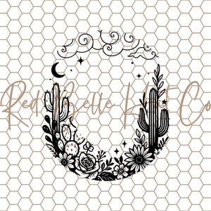 May include: Black and white desert-themed graphic with a crescent moon, stars, and clouds. The design features cacti, flowers, and foliage arranged in a circular shape. The text "Red Belle HC Co" is written in a cursive font.