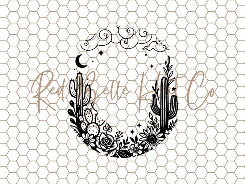 May include: Black and white desert-themed graphic with a crescent moon, stars, and clouds. The design features cacti, flowers, and foliage arranged in a circular shape. The text "Red Belle HC Co" is written in a cursive font.