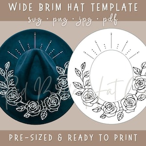 May include: A printable template for a wide brim hat with a floral design. The template is shown in two versions: one with a teal blue background and white floral design, and one with a white background and black floral design. The text "WIDE BRIM HAT TEMPLATE" is at the top of the image, and the text "PRE-SIZED & READY TO PRINT" is at the bottom of the image.