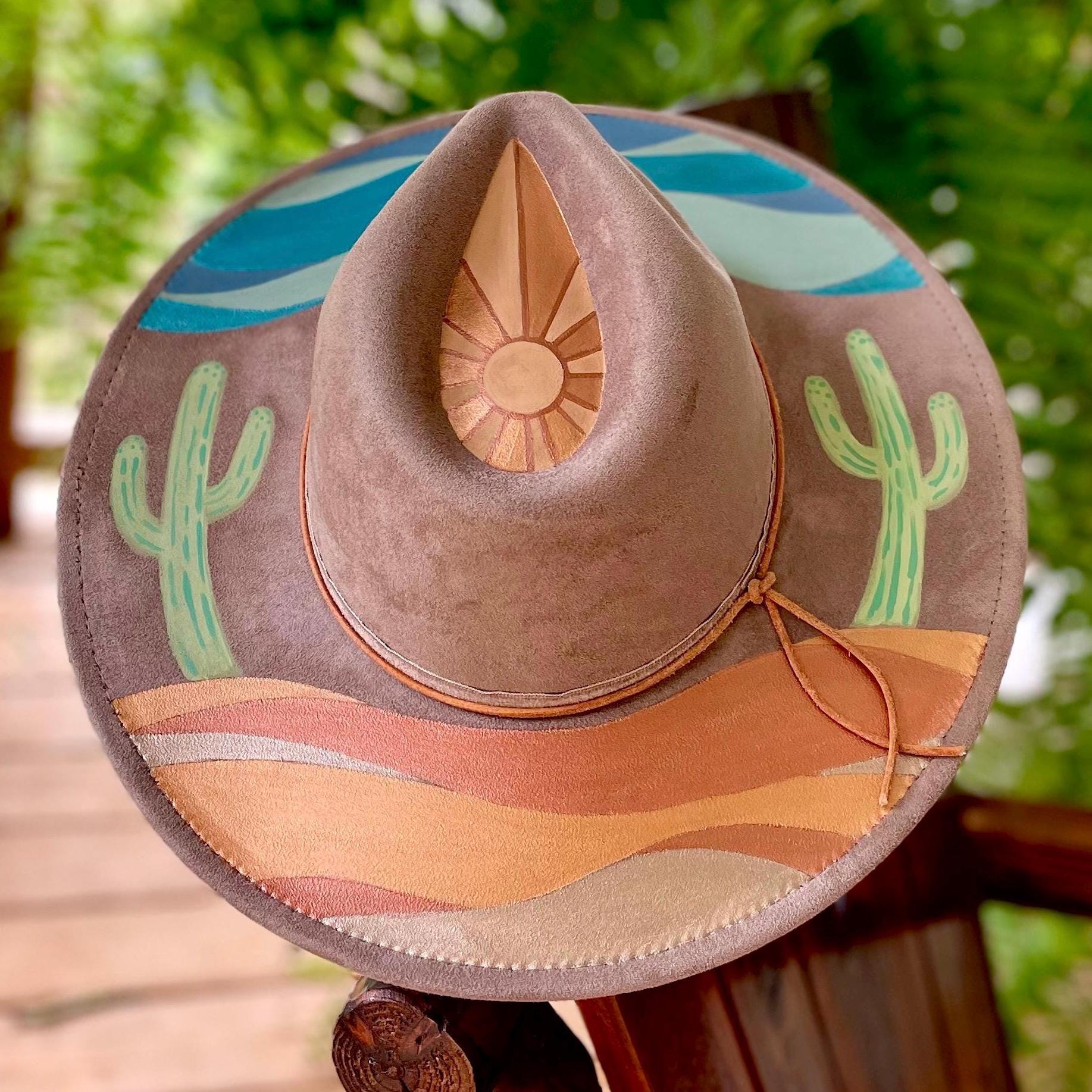 Custom Cactus theme vegan suede hat Desert Burned Hat, Cactus Engraved Cowboy Hat, Cactus Hat  main image 2