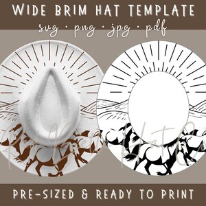 Puede incluir: Una plantilla imprimible para un sombrero de ala ancha con un diseño de rayos de sol y una silueta de caballos corriendo. La plantilla está predimensionada y lista para imprimir. El diseño está disponible en dos esquemas de color: marrón y negro.