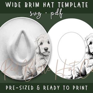 Puede incluir: Plantilla de sombrero de ala ancha blanco con una ilustración de perro. La imagen incluye el texto "WIDE BRIM HAT TEMPLATE" y "PRE-SIZED & READY TO PRINT". El diseño está disponible en formatos SVG y PDF.