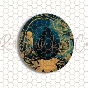 May include: Round decorative item with a teal and gold skull and floral design. The skull is on the left side, with roses and leaves around the edges. The background is a honeycomb pattern. The text "Red The Hell Co" is visible.