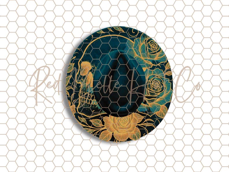 May include: Round decorative item with a teal and gold skull and floral design. The skull is on the left side, with roses and leaves around the edges. The background is a honeycomb pattern. The text "Red The Hell Co" is visible.