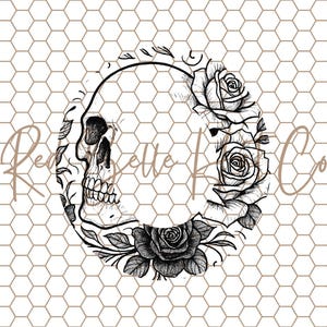 May include: Black and white skull illustration encircled by roses and leaves. The skull is detailed with visible teeth and eye sockets. The design is set against a white background with a honeycomb pattern. The text "Red Belle & Co" is written in a cursive font.