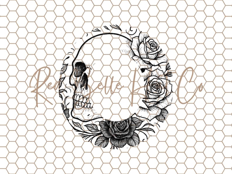 May include: Black and white skull illustration encircled by roses and leaves. The skull is detailed with visible teeth and eye sockets. The design is set against a white background with a honeycomb pattern. The text "Red Belle & Co" is written in a cursive font.