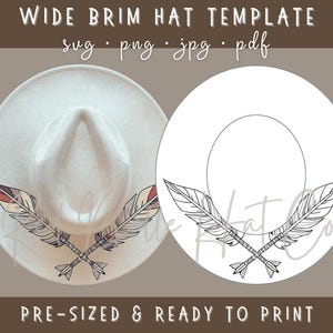Pode incluir: Um modelo para um chapéu de aba larga com um design de duas penas cruzadas. O modelo está pré-dimensionado e pronto para imprimir nos formatos SVG, PNG, JPG e PDF.