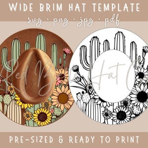 May include: A printable template for a wide brim hat featuring a design of cacti and sunflowers. The template is shown in both color and black and white.