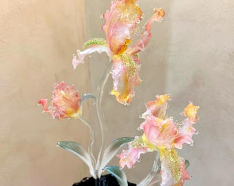 Hand Blown Iris Glass Flower, Purple Glass Sculpture, Floral Home Decor, Handmade Botanical Ornament, Gift for Mom