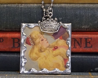 Sleeping Beauty Necklace: Vintage Book Page Charm, Sterling Silver Solder