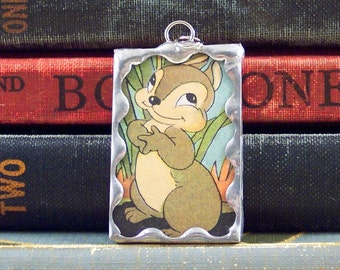 Chipmunk Pendant - Soldered Glass Charm with Vintage Book Illustration - Woodland Animal Charm- Upcycled Book Jewelry