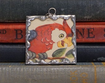 Scarlet Macaw Parrot Pendant - Vintage Book Charm - Red Parrot Jewelry - Soldered Glass Pendant