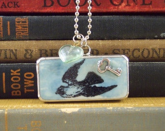 Love Bird Charm Necklace - Key To My Heart Domino Necklace - Soldered Pendant - Altered Upcycled Mixed Media Jewelry