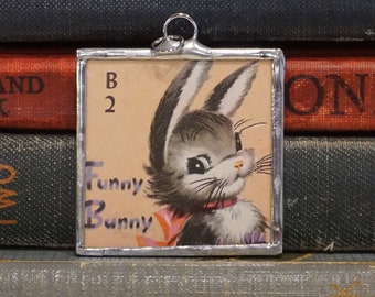 Bunny Rabbit Pendant - Soldered Glass Pendant made from Vintage Playing Card - Easter Bunny Jewelry