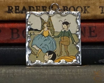 Dancing Fairies Pendant - Soldered Glass Pendant - Vintage Fairy Tale Book Charm - Fairy Pixie Fae Fey - Fantasy Jewelry