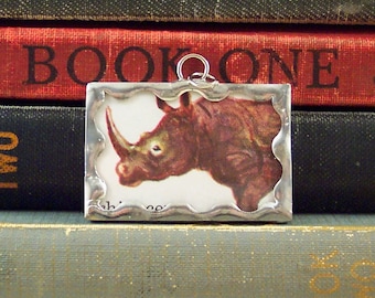 Rhino Charm - Rhinoceros Pendant - Hand Soldered Glass Pendant - Vintage Book  Illustration Pendant - Handmade Charm