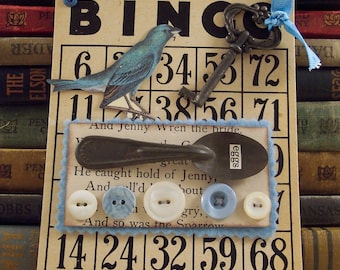 Blue Bird Mixed Media Collage Art - Altered Bingo Card Wall Hanging - Shabby Wall Hanging - 3d Assemblage