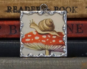 Snail on a Mushroom Pendant - Snail Pendant - Gardener Gardening Gift - Soldered Glass Pendant