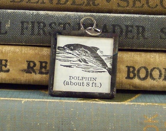 Dolphin Soldered Pendant - Vintage Dictionary Glass Charm - Dark Academia - Dolphin Jewelry