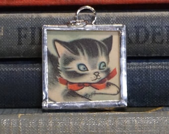 Grey Tabby Cat Pendant made with Vintage Book Illustration - Soldered Glass Pendant - Kitschy Cat Jewelry