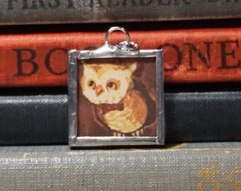 Owl in Bow Tie Pendant - Soldered Glass Charm made with Vintage Book Illustration  - Kitschy Owl Jewelry - Vintage Owl Pendant