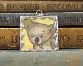 Koala Pendant made with Vintage Book Illustration -  Soldered Glass Charm - Australian Outback