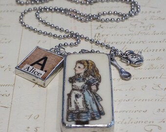 Alice in Wonderland Charm Necklace - Tea Party Necklace - Vintage Game Pieces Necklace - Upcycled Mixed Media Jewelry