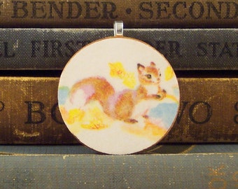 Round Wooden Squirrel Pendant - Vintage Book Illustration - Wood Squirrel Charm - Paper Ephemera Book Charm